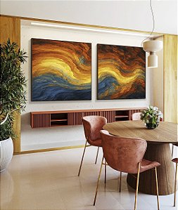 Duo de Quadros Quadrados Abstatro Laranja Amarelo Azul Ondulações Textura Canvas Moldura