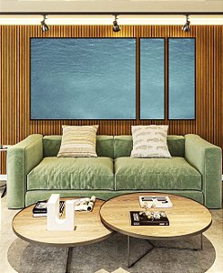 Trio de Quadros Estilizados Mar Azul Turquesa Textura Natural Canvas Moldura