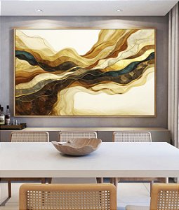 Quadro Horizontal Abstrato Arte Fluida Amarelo Mostarda Bronze Azul Ondulações Canvas Moldura