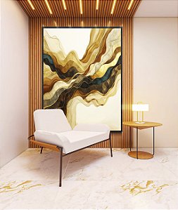 Quadro Vertical Abstrato Arte Fluida Amarelo Mostarda Bronze Azul Ondulações Canvas Moldura