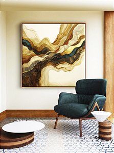 Quadro Quadrado Abstrato Arte Fluida Amarelo Mostarda Bronze Azul Ondulações Canvas Moldura