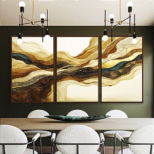 Trio de Quadros Abstrato Arte Fluida Amarelo Mostarda Bronze Azul Ondulações Canvas Moldura