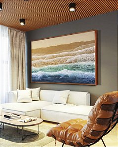 Quadro Horizontal Ondas Mar Azul Turquesa Praia Areia Dourada Canvas Moldura