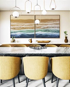 Duo de Quadros Quadrados Ondas Mar Azul Turquesa Praia Areia Dourado Canvas Moldura