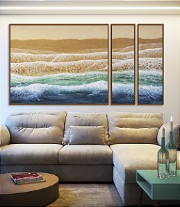 Trio de Quadros Estilizados Ondas Mar Azul Turquesa Praia Areia Dourada Canvas Moldura