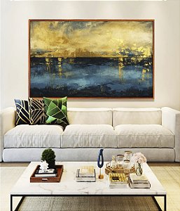 Quadro Horizontal Abstrato Amarelo Ouro Azul Petróleo Textura Canvas Moldura