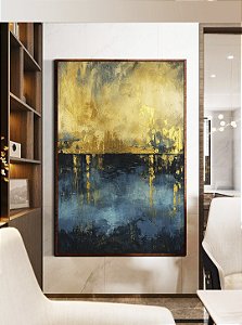Quadro Vertical Abstrato Amarelo Ouro Azul Petróleo Textura Canvas Moldura