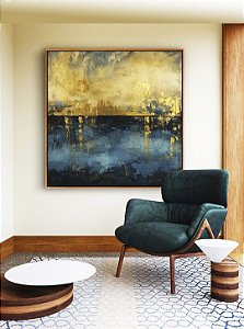Quadro Quadrado Abstrato Amarelo Ouro Azul Petróleo Textura Canvas Moldura