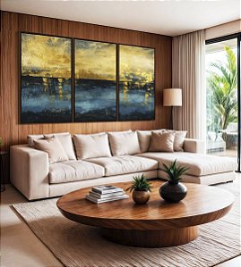 Trio de Quadros Abstrato Amarelo Ouro Azul Petróleo Textura Canvas Moldura