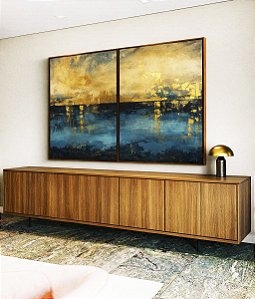 Duo de Quadros Abstrato Amarelo Ouro Azul Petróleo Textura Canvas Moldura