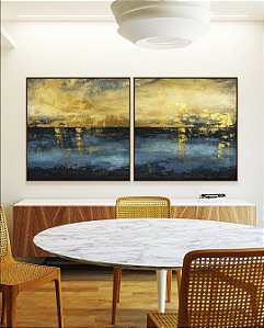Duo de Quadros Quadrados Abstrato Amarelo Ouro Azul Petróleo Textura Canvas Moldura