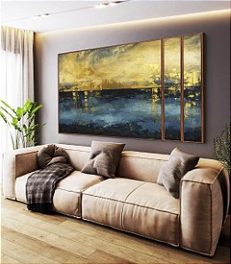 Trio de Quadros Estilizados Abstrato Amarelo Ouro Azul Petróleo Textura Canvas Moldura