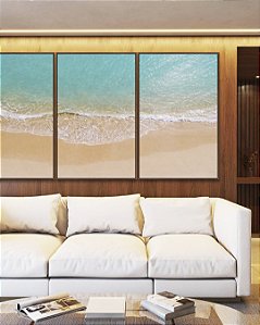 Trio de Quadros Praia Mar Azul Turquesa Iluminado Sol Canvas Moldura