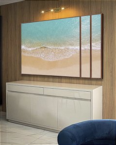 Trio de Quadros Estilizados Praia Mar Azul Turquesa Iluminado Sol Canvas Moldura