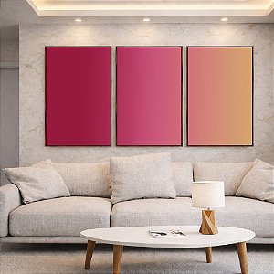 Trio de Quadros Abstrato Degradê Rosa Framboesa Bege Dourado Canvas Moldura