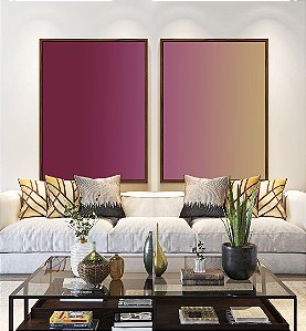 Duo de Quadros Abstrato Degradê Rosa Framboesa Bege Dourado Canvas Moldura