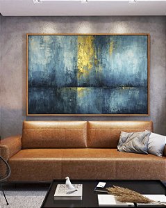 Quadro Horizontal Abstrato Azul Petróleo Dourado Textura Canvas Moldura