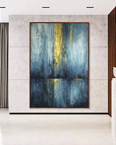 Quadro Vertical Abstrato Azul Petróleo Dourado Textura Canvas Moldura