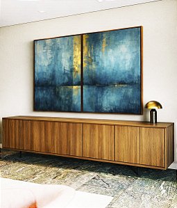 Duo de Quadros Abstrato Azul Petróleo Dourado Textura Canvas Moldura
