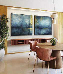 Duo de Quadros Quadrados Abstrato Azul Petróleo Dourado Textura Canvas Moldura