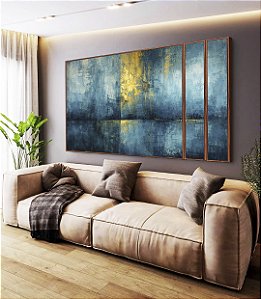 Trio de Quadros Estilizados Abstrato Azul Petróleo Dourado Textura Canvas Moldura