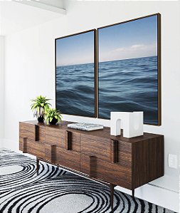 Duo de Quadros Oceano Azul Sóbrio Ondas no Mar Céu Sereno Canvas Moldura