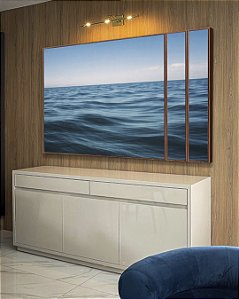 Trio de Quadros Estilizados Oceano Azul Sóbrio Ondas no Mar Céu Sereno Canvas Moldura