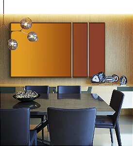 Trio de Quadros Estilizados Abstrato Degradê Laranja Amarelo Dourado Canvas Moldura