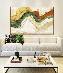 Quadro Horizontal Abstrato Amarelo Verde Laranja Ondulações Efeito Pintura Canvas Moldura