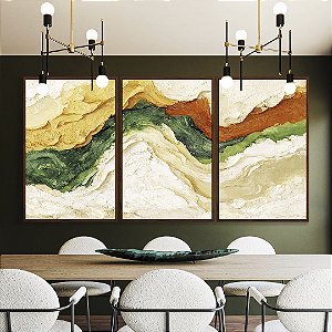 Trio de Quadros Abstrato Amarelo Verde Laranja Ondulações Efeito Pintura Canvas Moldura