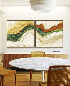Duo de Quadros Quadrados Abstrato Amarelo Verde Laranja Ondulações Efeito Pintura Canvas Moldura