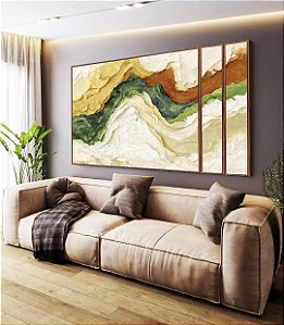 Trio de Quadros Estilizados Abstrato Amarelo Verde Laranja Ondulações Efeito Pintura Canvas Moldura