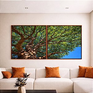 Duo de Quadros Quadrados Copa de Arvore Folhas Verdes Céu Azul Natureza Canvas Moldura