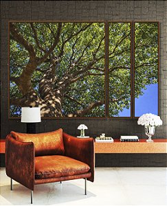 Trio de Quadros Estilizados Copa de Arvore Folhas Verdes Céu Azul Natureza Canvas Moldura