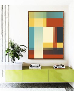Quadro Vertical Abstrato Mosaico Degradê Azul Amarelo Vermelho Canvas Moldura