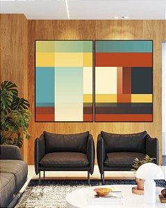 Duo de Quadros Abstrato Mosaico Degradê Azul Amarelo Vermelho Canvas Moldura