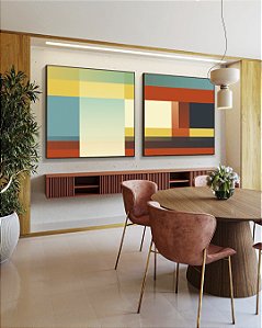 Duo de Quadros Quadrados Abstrato Mosaico Degradê Azul Amarelo Vermelho Canvas Moldura