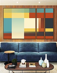 Trio de Quadros Estilizados Abstrato Mosaico Degradê Azul Amarelo Vermelho Canvas Moldura