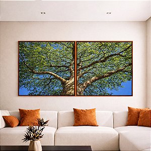 Duo de Quadros Quadrados Árvore Frondosa Folhas Verdes Contra Céu Azul Canvas Moldura