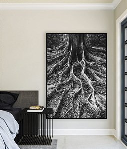 Quadro Vertical Raízes de Árvore Preto e Branco Natureza Canvas Moldura