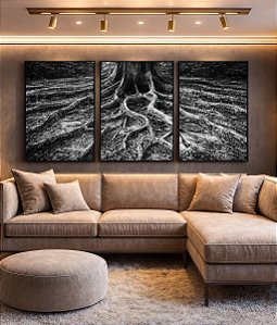 Trio de Quadros Raízes de Árvore Preto e Branco Natureza Canvas Moldura