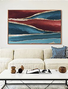 Quadro Horizontal Abstrato Vermelho Dourado Azul Turquesa Canvas Moldura