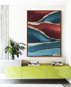 Quadro Vertical Abstrato Vermelho Dourado Azul Turquesa Canvas Moldura