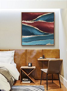 Quadro Quadrado Abstrato Vermelho Dourado Azul Turquesa Canvas Moldura