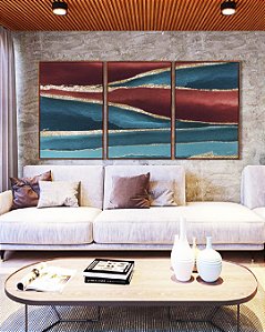 Trio de Quadros Abstrato Vermelho Dourado Azul Turquesa Canvas Moldura