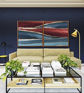 Duo de Quadros Quadrados Abstrato Vermelho Dourado Azul Turquesa Canvas Moldura