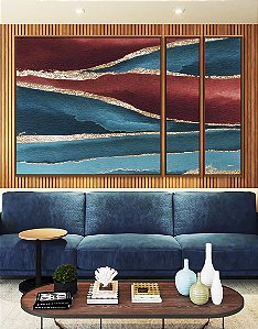 Trio de Quadros Estilizados Abstrato Vermelho Dourado Azul Turquesa Canvas Moldura