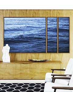 Trio de Quadros Estilizados Mar Ondulado Azul Intenso Natureza Canvas Moldura