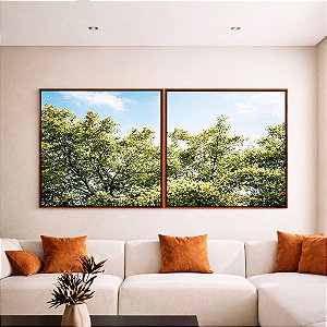 Duo de Quadros Quadrados Árvores Folhagem Verde Céu Claro Nuvens Natureza Paisagem Canvas Moldura