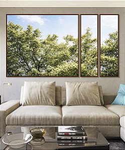 Trio de Quadros Estilizados Árvores Folhagem Verde Céu Claro Nuvens Natureza Paisagem Canvas Moldura